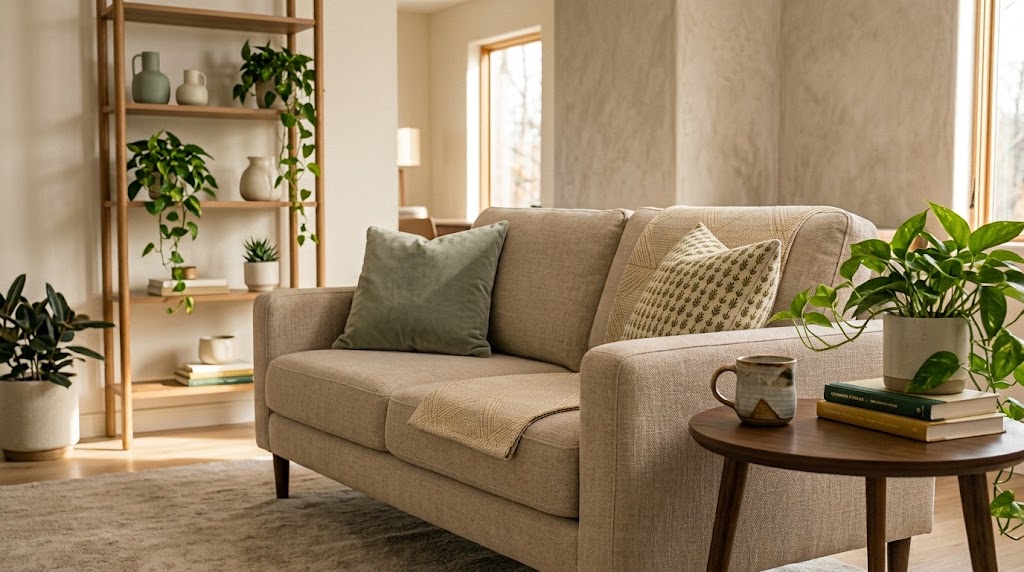 A calm, sunlit living room with a linen sofa, sage pillow, and houseplants