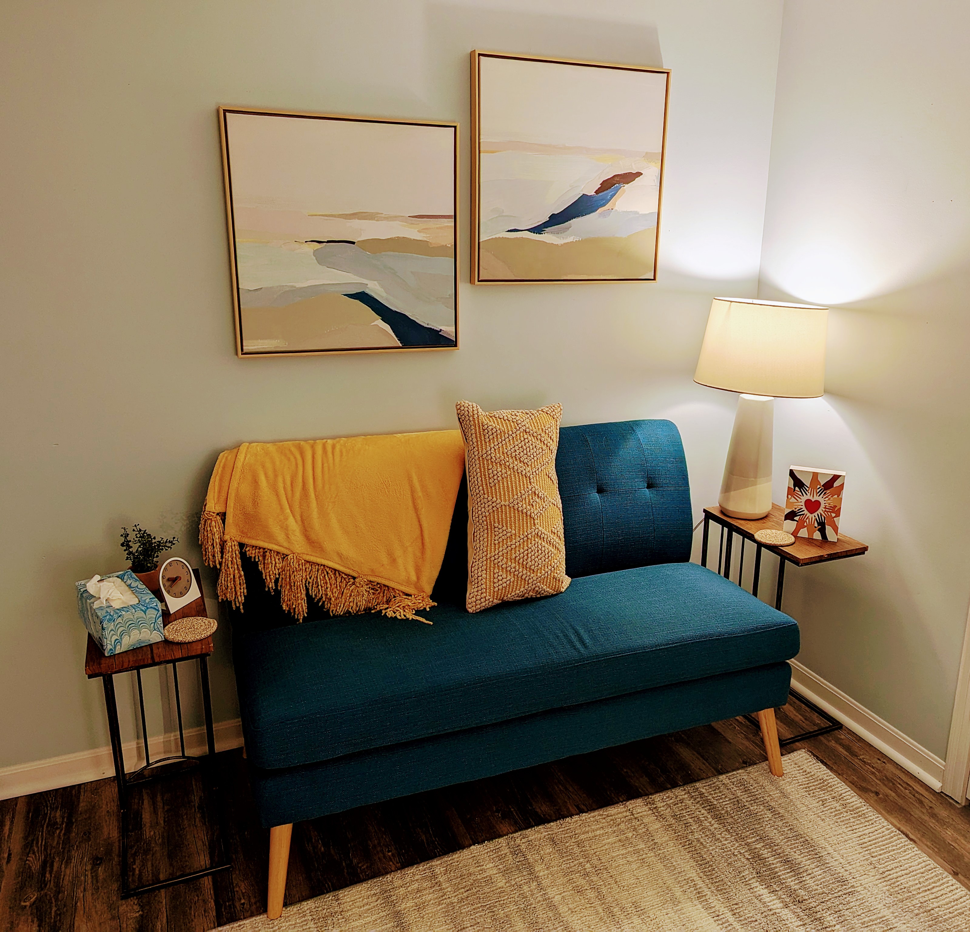 Couples counseling room in Cincinnati with comfortable seating for partners, warm lighting, and a private, calming atmosphere