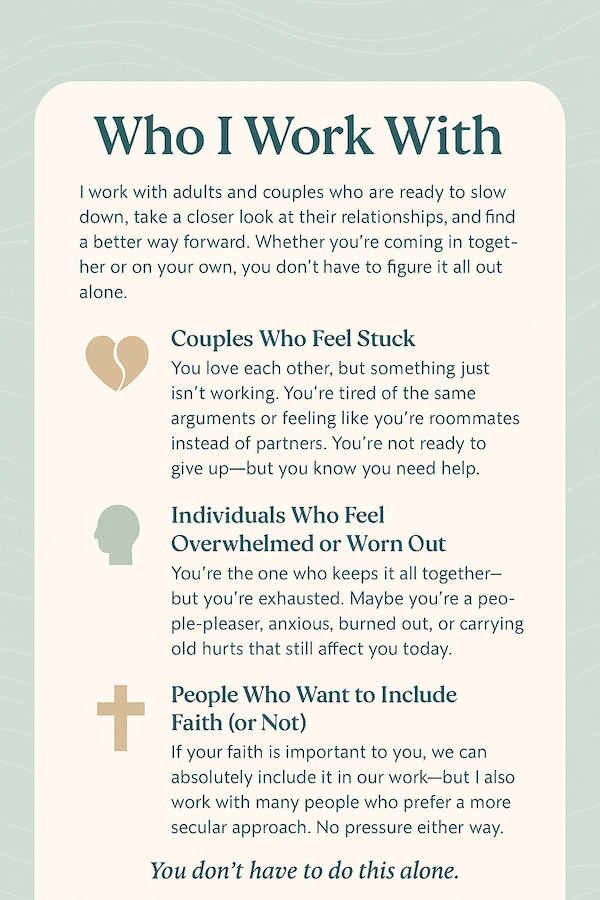 infographic describing who Erin Thomas works with - couples, people pleasers, those interested in faith-based counseling