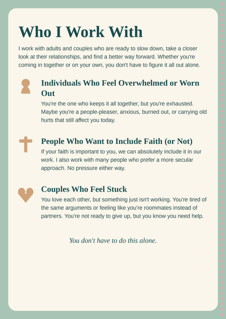 infographic describing who Erin Thomas works with: individuals, faith-based clients, and couples